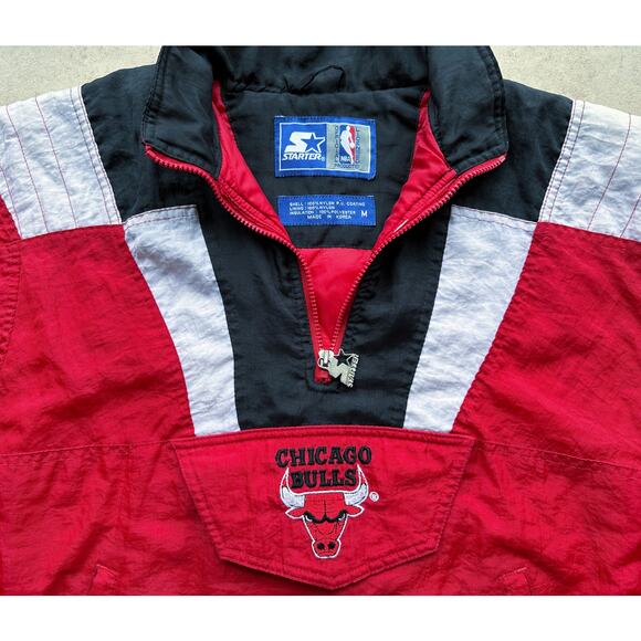 Chicago Bulls 90s STARTER puffer 1/2 Pullover jacket yth M red black NBA vintage - Picture 4 of 7